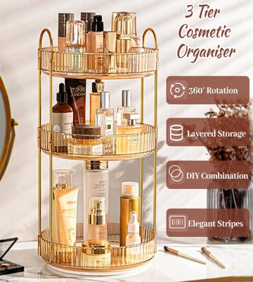 VNIMTI Skincare Organizers 360 Rotating, 3 Tier Makeup Organizer Countertop, Spinning Cosmetics Organizer Display Cases, Beauty Storage for Vanity, Countertop, Bathroon (Gold-3 Tier)