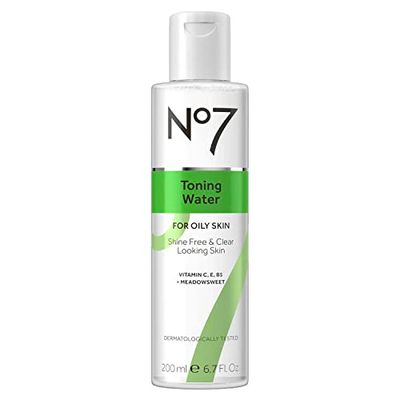 No7 Toning Water for Oily Skin - Skin Toner with Tri-Vit Complex, Vitamin E, Vitamin B5 &amp; Vitamin C - Contains Meadowsweet + Ginseng for Refreshed &amp; Energized Skin (6.7 fl oz)