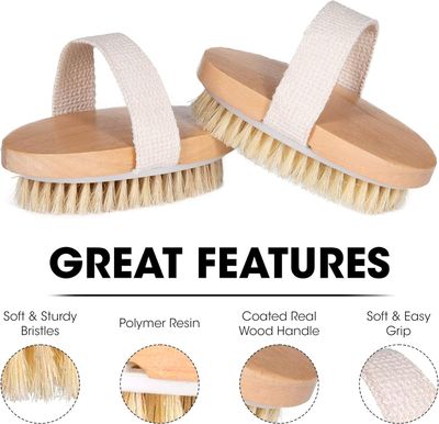 Opaz Dry Body Brush 2 Pack Natural Bristle for Dry Skin - Exfoliator Scrubber - Wet or Dry Scrub Smooth Cellulite - Stimulate Blood Flow