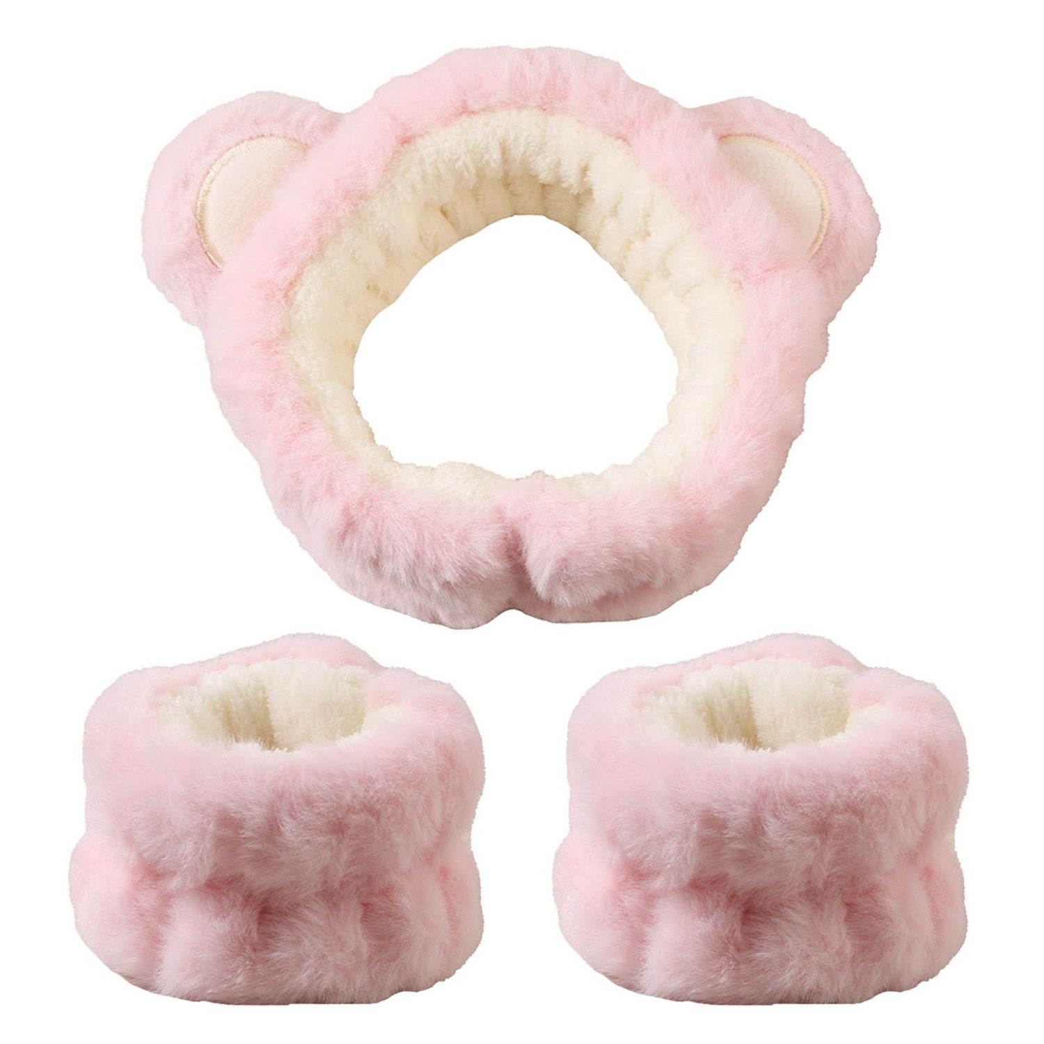 Plush Spa Headband Wristbands Cartoon Cute Coral Fleece Headband Fuzzy Makeup Headbands Fluffy Skincare Hair Band Hair Accessories (Light Pink, One Size)