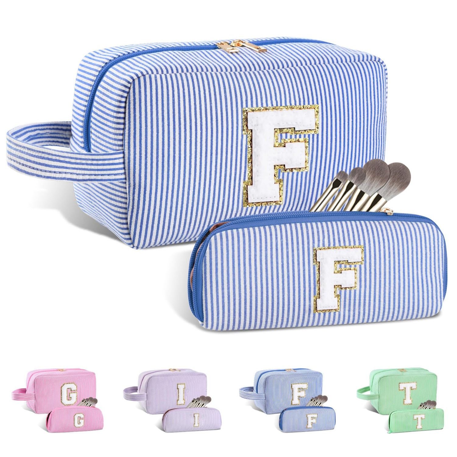Huifen 2pcs Personalized Initial Makeup Bag A-Z, Travel Toiletry Bag Preppy Make Up Bags Girls Cute Cosmetic Pouch Stuff Organizer Wedding Valentine&#39;s Day Birthday Christmas Gifts for Women (Blue, F)
