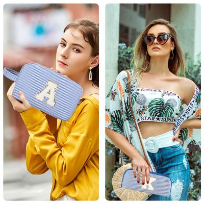 Huifen 2pcs Personalized Initial Makeup Bag A-Z, Travel Toiletry Bag Preppy Make Up Bags Girls Cute Cosmetic Pouch Stuff Organizer Wedding Valentine's Day Birthday Christmas Gifts for Women (Blue, F)
