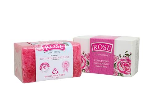 Rose Bulgarian Exfoliating Soap Sponge with Natural Oil, Cleansing Soap Bar and a Gentle Exfoliating Sponge in One