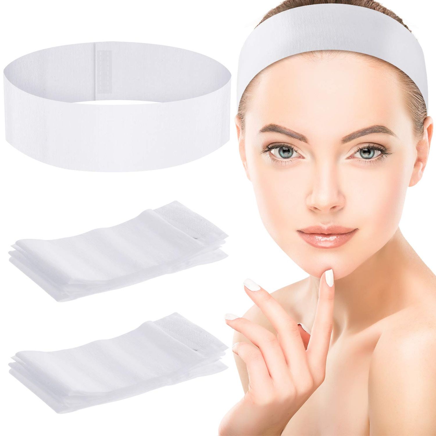 WILLBOND 50 Pieces Disposable Headbands Soft Non-woven Spa Facial Headbands Stretch Skin Care Hair Band with Convenient Closure, Salon Makeup Sauna Supplies for Women Girls, White