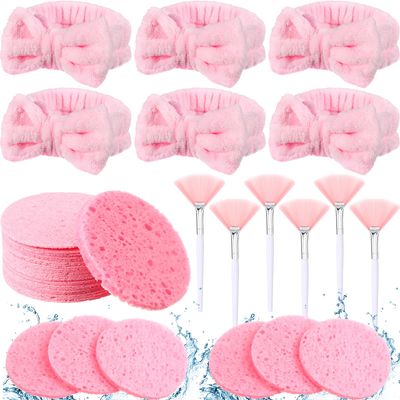Knitgrip 42 Pcs Facial Applicator Brush Set Pink Spa Party Supplies with 6 Spa Headband 6 Fan Shaped Mask Brushes 30 Compressed Spa sponges for Facial Cleansing Skincare Sleepover Birthday Party