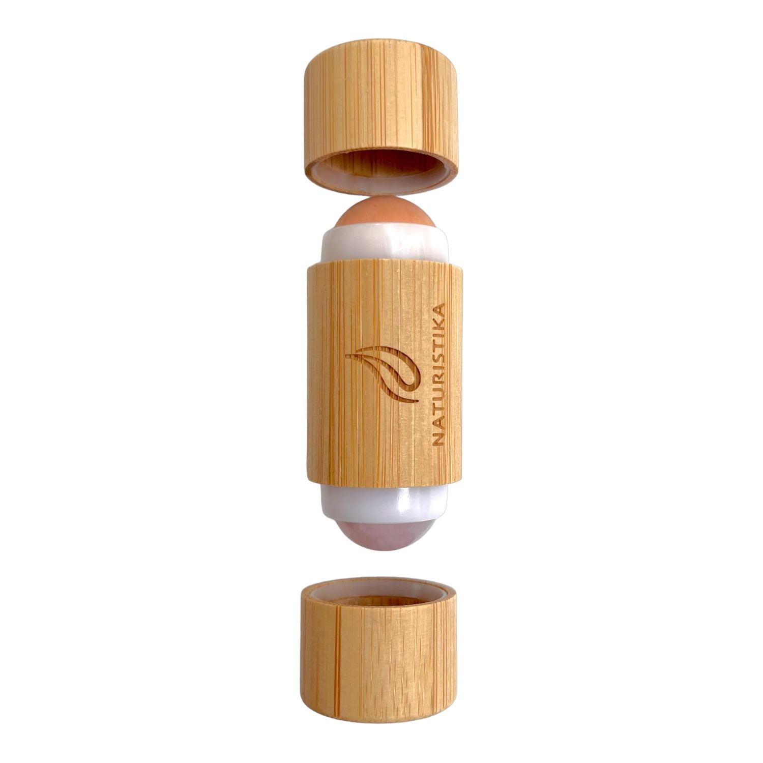 Naturistika Double head Face Roller with Rose Quartz + Volcanic Stone. Bamboo Face Roller Oil Absorbing Roller with Natural Quartz Face Eye Roller Massager. 1 count.