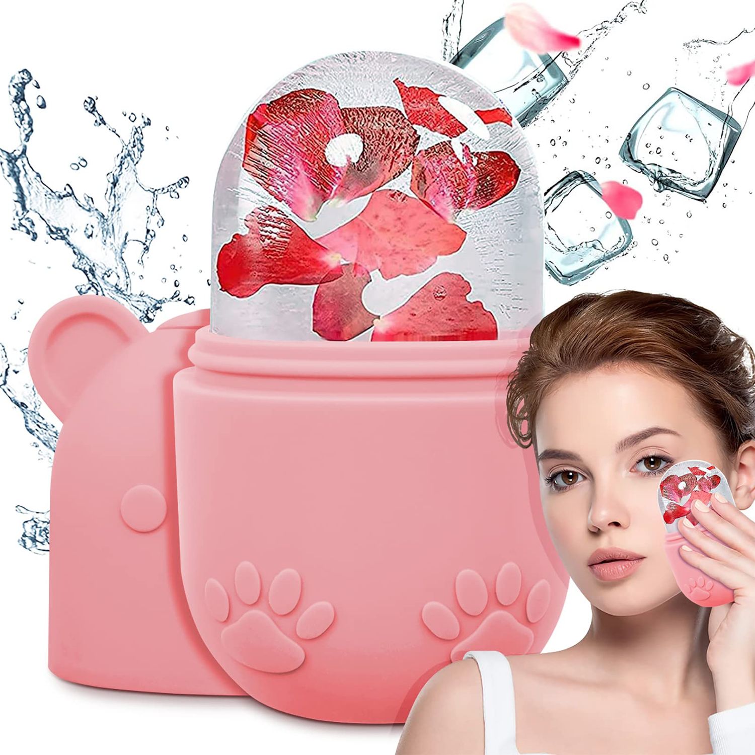ZUKIMM Ice Face Mold, Silicone Ice Cube for Face Massage, Reusable Facial Cold Roller Skin Care Tool for Eye Puffiness Relief &amp; Remove Fine Lines &amp; Reduce Acne Beauty Gift for Women (Pink)