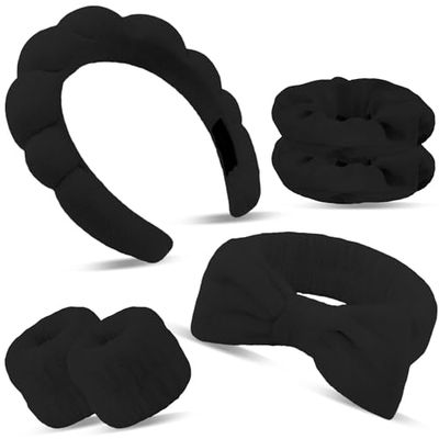 SuPoo 6pcs Black Spa Headband Set - Sponge Face Wash Headband, Wristband, Makeup Headwear with Hair Ties, Terry Cloth Puffy Skincare Towels