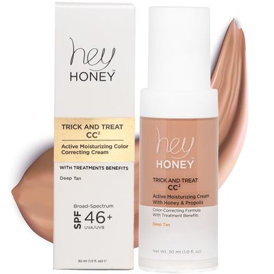 Hey Honey Trick and Treat CC Cream SPF 46 | Active Moisturizing Color Correcting Cream with Honey &amp; Propolis | Best Cover For Rosacea, Skin Redness &amp; Mature Skin | Cruelty-Free | 1 oz (Deep Tan)