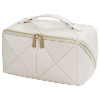 IMCUZUR Travel Makeup Bag Large Cosmetic Bag for Women, Open Flat Make up Bag Portable Skincare Bag with Handle (White)