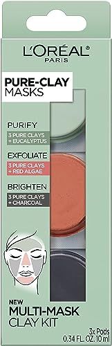 L&#39;Oral Paris Skincare Pure-Clay Face Mask Trial Size Set, Includes 3 Different Face Masks Made With Charcoal, Red Algae and Eucalyptus, Set
