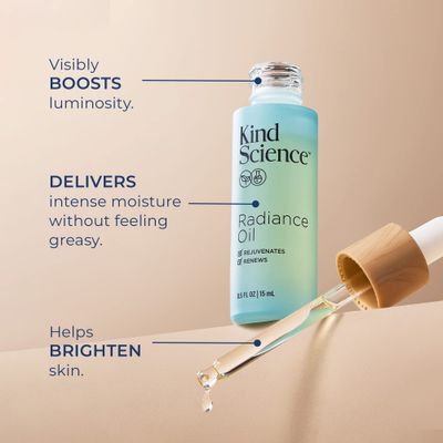 Kind Science by Ellen DeGeneres Radiance Face Oil - Hydrating with Vitamin E, C &amp; A, Bakuchiol, Jojoba &amp; Moringa Oil - Anti Aging to Give Skin a Fresh, Dewy Look - Vegan, Paraben Free, 0.5 fl oz