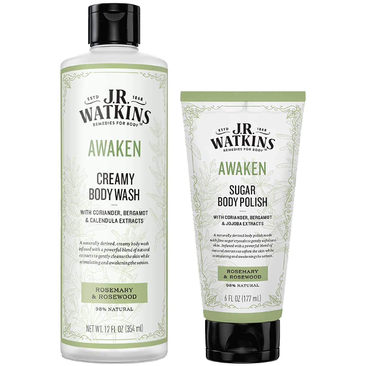 J.R. Watkins Beautiful Awakening Gift Set Kit, AWAKEN Creamy Body Wash &amp; Sugar Body Polish