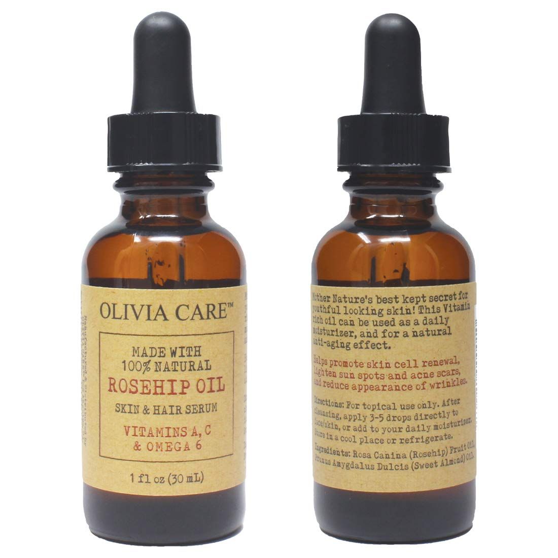 Olivia Care Rosehip Seed Oil Serum Natural Moisturizer for Face, Body &amp; Skin with Vitamins E, C, A &amp; Omega 6, Perfect for Treating Wrinkles, Acne Scars, Sun Spots, Dark Circles &amp; Anti-Aging - 1 OZ