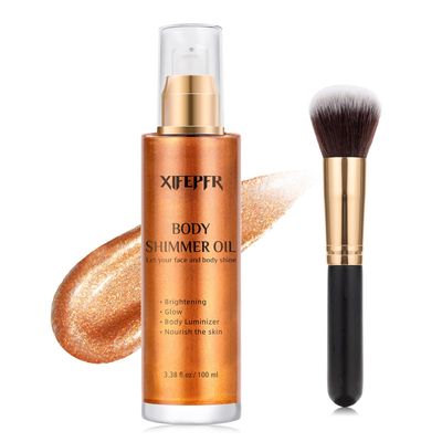 XIFEPFR Body Shimmer Oil, Bronze Gold Body Luminizer Face Highlighter Liquid Illuminator with Makeup Brush, Long Lasting Moisturizing Body Glitter Oil for Makeup Brighten (3.38 Fl Oz/#03)