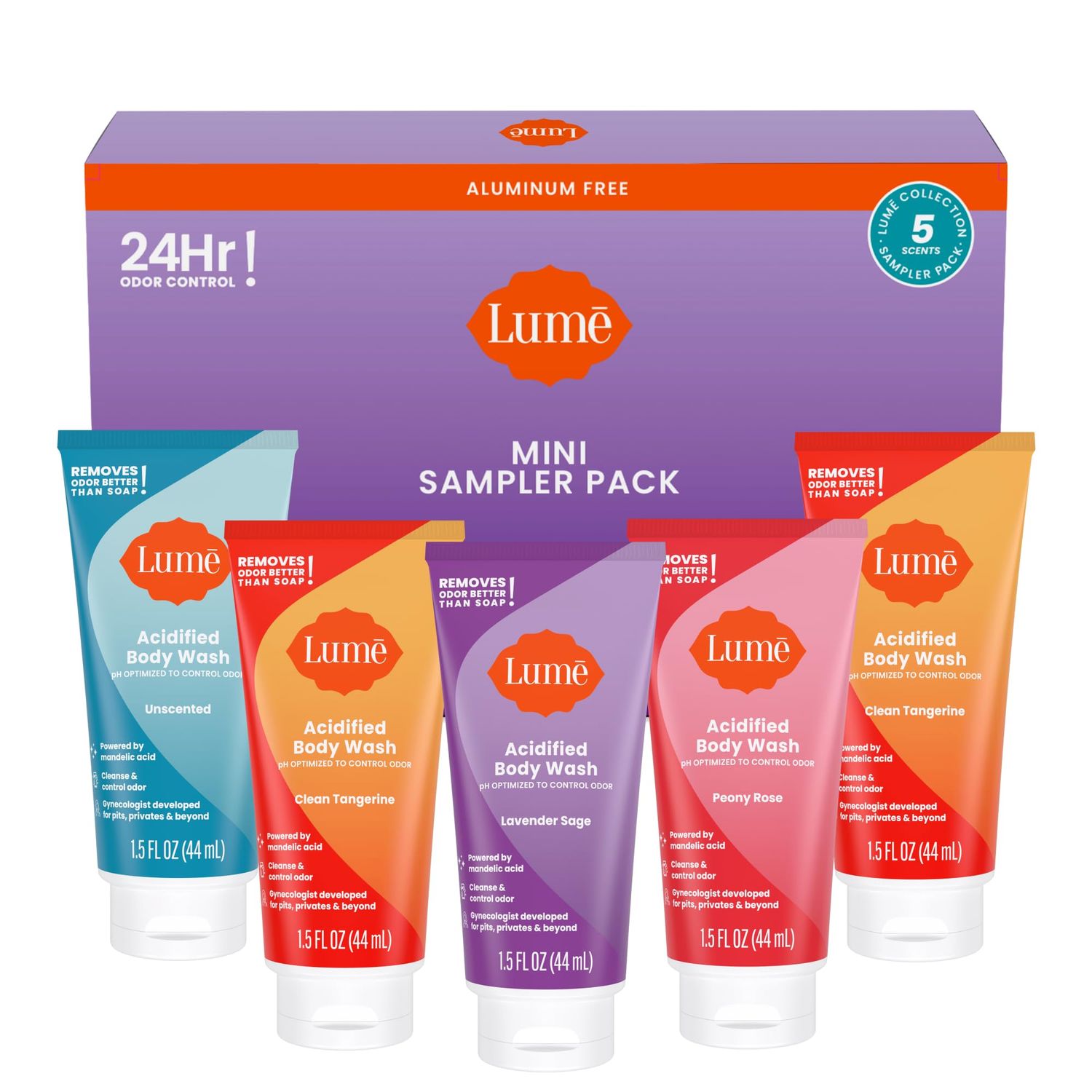 Lume Acidified Body Wash 5 Pack Minis - 24 Hour Odor Control - Moisturizing Formulated Without SLS &amp; Parabens - 1.5 ounce Tubes (Clean Tangerine, Lavender Sage, Peony Rose, Toasted Coconut, Unscented)