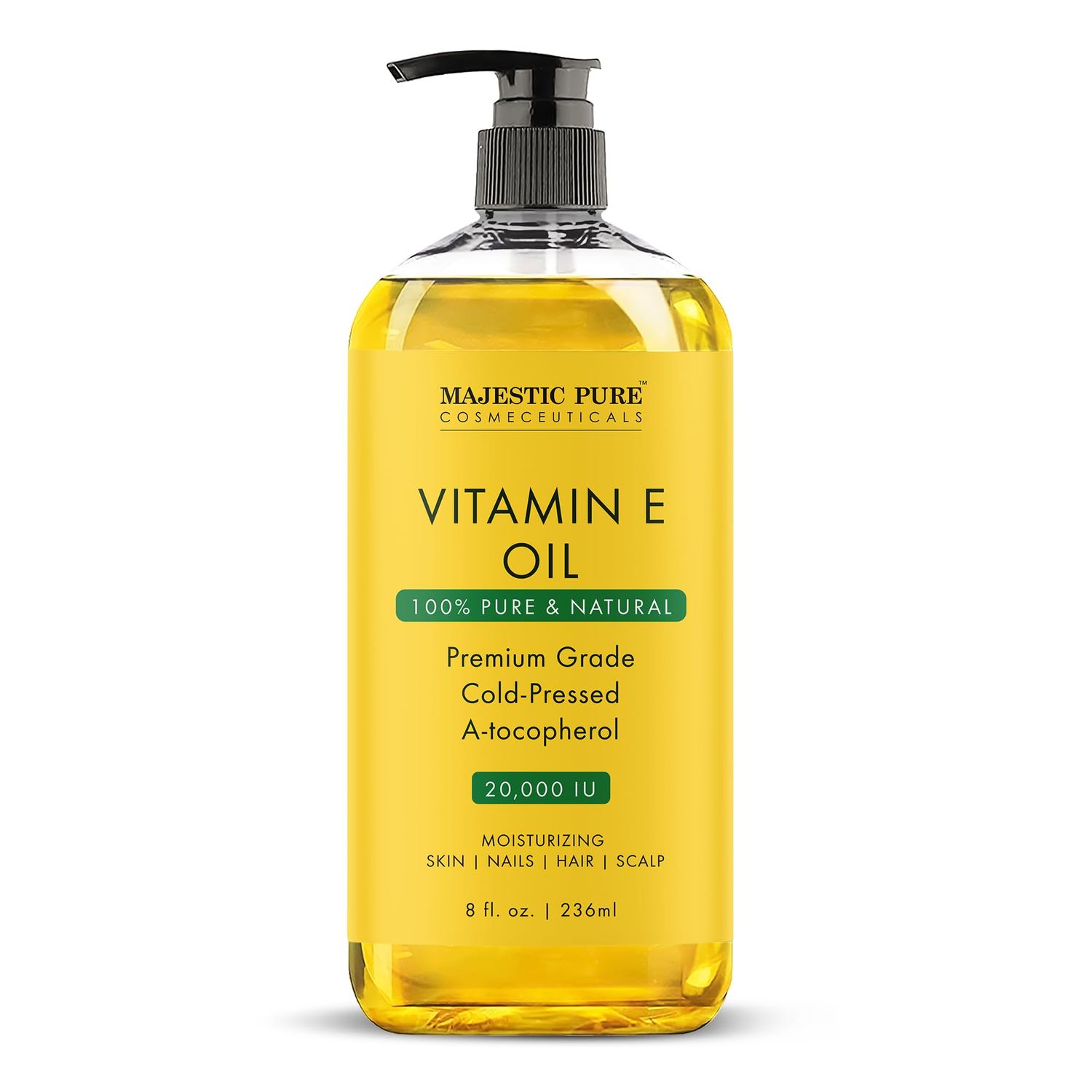 MAJESTIC PURE Vitamin E Oil - 100% Pure &amp; Natural, 20,000 IU | Premium Grade, Cold-Pressed and Tocopherol to Repair Dry, Damaged Skin| Moisturizing Skin, Hair and Scalp 8 Fl Oz