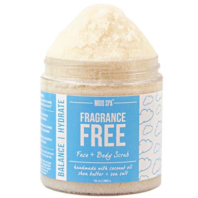 Mojo Spa Fragrance Free Face and Body Scrub | No Scent, Vegan Friendly | Moisturizing Sugar Based Exfoliator for Sensitive Skin | 10 oz
