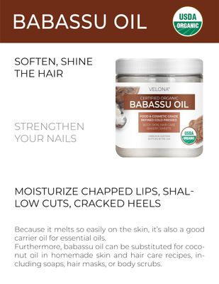 velona Babassu Oil USDA Certified Organic - 4 Fl Oz | 100% Pure and Natural Carrier Oil | Refined, Cold Pressed | Face, Hair, Body &amp; Skin Care and Cooking | Use Today - Enjoy Results