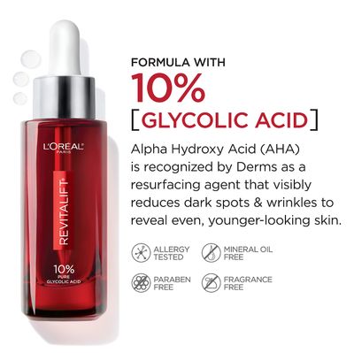 L'Oreal Paris Revitalift 10% Pure Glycolic Acid Face Serum, Visibly Evens Tone &amp; Reduce Wrinkles, Fragrance Free 1.0 fl oz (30ml)