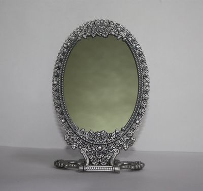 SEHAMANO Vintage Antique Foldable Embossed Roses &amp; Small Hearts Pattern Makeup Table Mirror, Decorative Oval Shaped Mirror, Antique Vanity Cosmetic Double Sided Metal Frame Mirror (Matt Grey (Tin))
