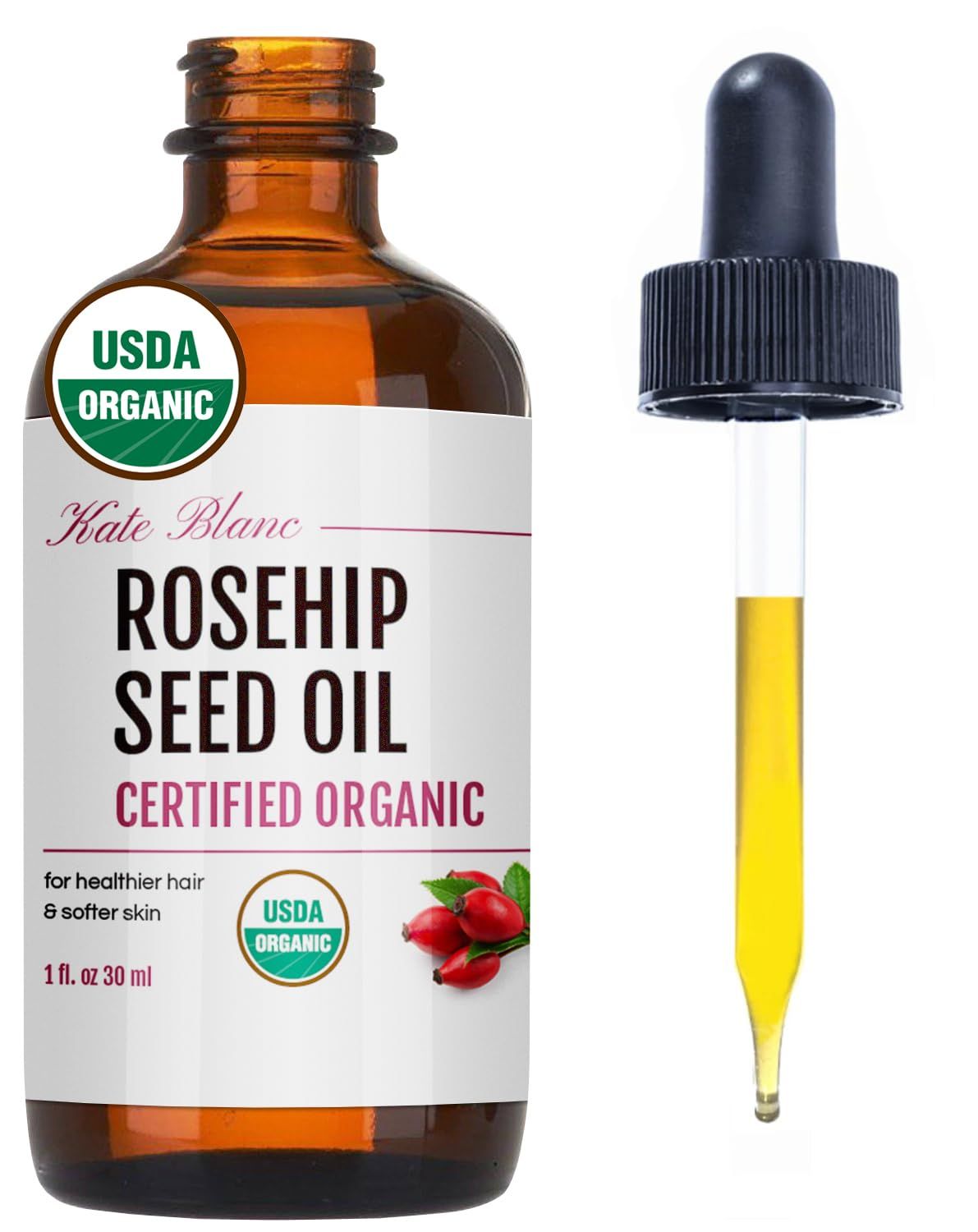 Kate Blanc Cosmetics Rosehip Oil for Face &amp; Skin (1oz, Organic, Pure, Cold Pressed) Rosehip Seed Face Oil for Facial &amp; Gua Sha Massage