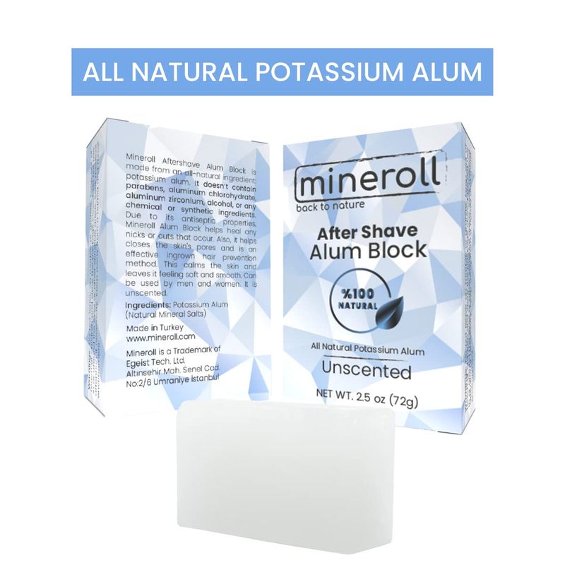 MINEROLL After Shave Alum Block, All Natural Potassium Alum, For Women and Men, Alum Stone, Styptic Skin Soothing, Anti-Ingrown Hair Alum Bar, Shaving Accessory, Unscented, 2,5 oz