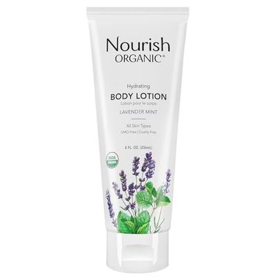 Nourish Organic Body Lotion, Lavender Mint - Hydrating Body Lotion for Dry Skin with Certified Organic Aloe Vera, Shea Butter, Coconut Oil &amp; Cocoa Butter (8 Oz) + Washable Cotton Round