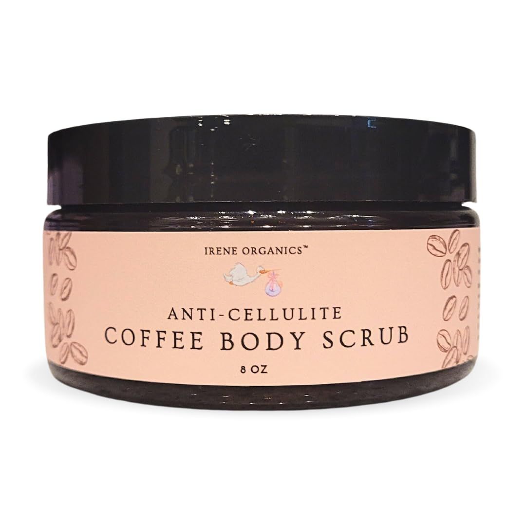 Irene Organics Exfoliating Body Scrub - All Natural Stretch Mark Treatment, Scar Removal, Anti Cellulite, Spider Vein and Acne Treatment. Great for uneven skin tone (Coffee Scrub)