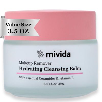 mivida Makeup Remover Cleansing Balm | Face Cleanser &amp; Makeup Removing Balm with Essential Ceramides, Vitamin E &amp; Hyaluronic-Acid | Value Size 3.5 fl oz