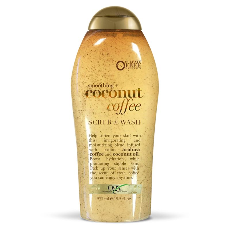 OGX Smoothing + Coconut Coffee Exfoliating Body Scrub with Arabica Coffee &amp; Coconut Oil, Moisturizing Body Wash for Dry Skin, Paraben-Free with Sulfate-Free Surfactants, 19.5 Fl Oz