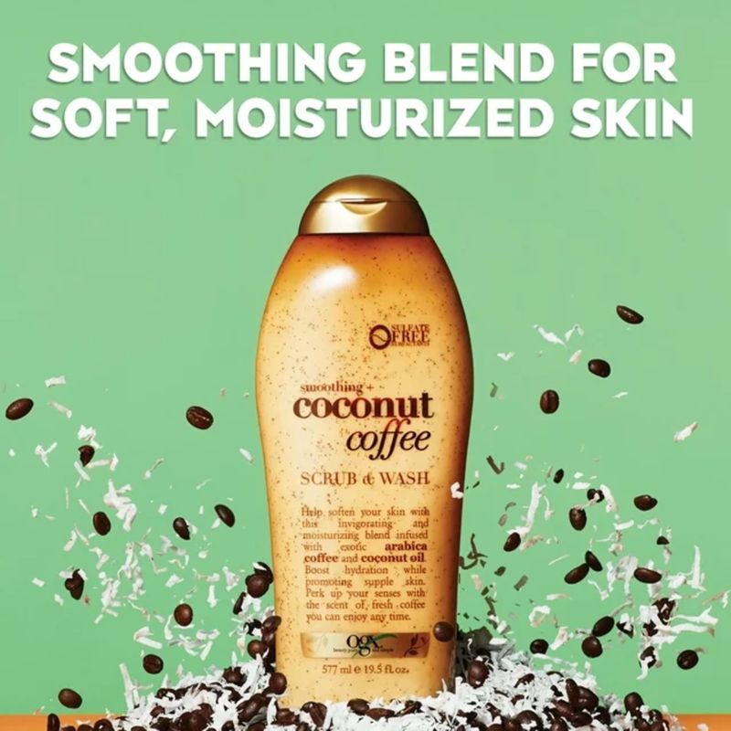 OGX Smoothing + Coconut Coffee Exfoliating Body Scrub with Arabica Coffee &amp; Coconut Oil, Moisturizing Body Wash for Dry Skin, Paraben-Free with Sulfate-Free Surfactants, 19.5 Fl Oz