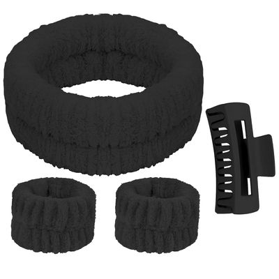 YISSION Spa Headband &amp; Wristband Set Puffy Skincare Headband &amp; Wrist Bands for Washing Face Makeup Large Hair Claw Clips Sponge Facial headband &amp; wrist towels for Women Girls Black