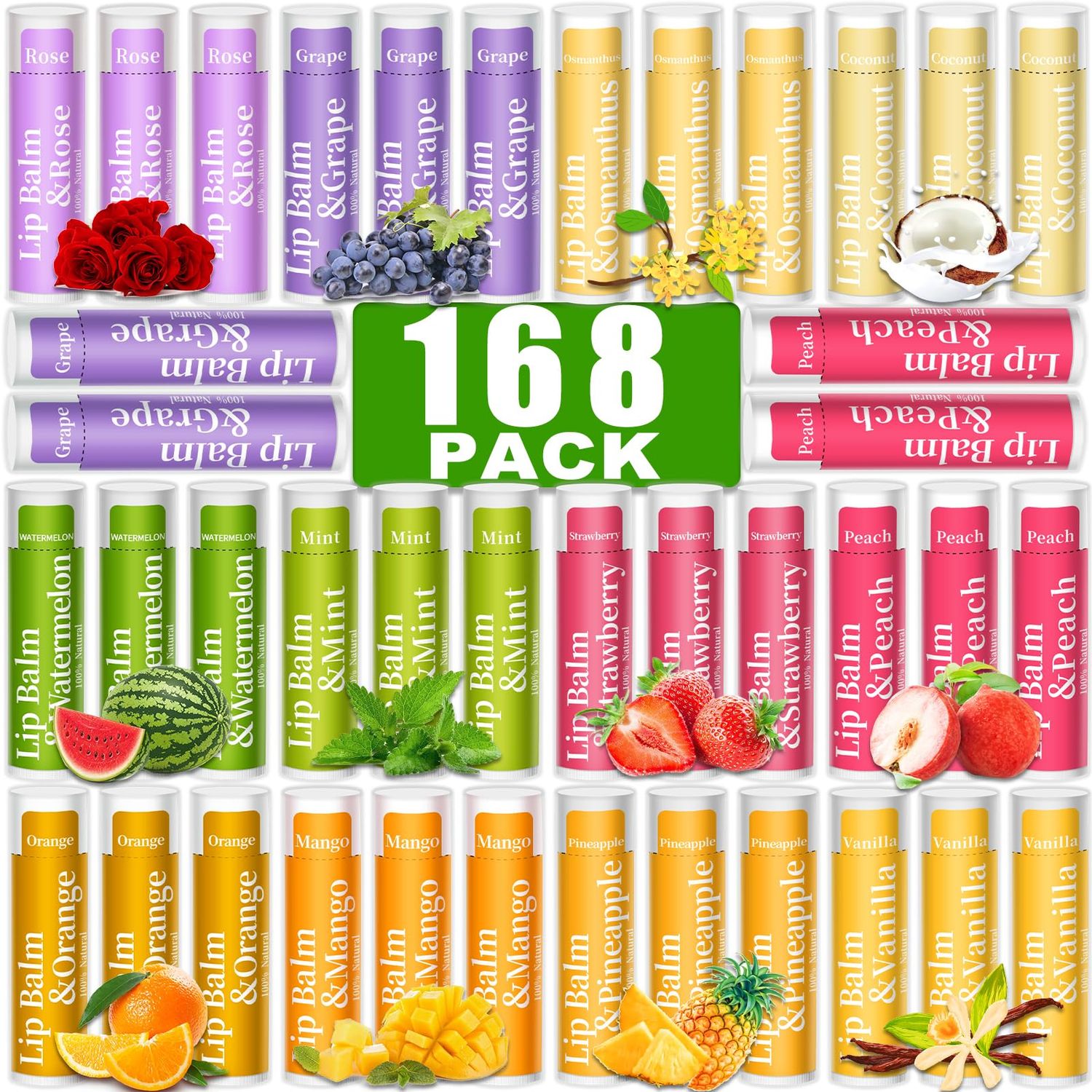 RBUGR 168 Pcs Lip Balm Bulk, 12 Flavored Lip Balm for Women, Organic Lip Balm Pack, All Natural Lip Balm, Bulk Lip Balm for Dry Cracked Lips, Moisturizing Lip Balm, Lip Balm Gift Set(4.2g/0.15oz)