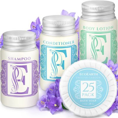 Luxury Travel and Hotel Amenities Set (1 Oz, 100 Pieces), Grade-A Guest Ingredients and Gift Packaging Toiletries, Includes 25 Round Soaps, 25 Shampoos, 25 Conditioners &amp; 25 Lotions by EcoEarth