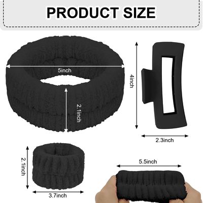 YISSION Spa Headband &amp; Wristband Set Puffy Skincare Headband &amp; Wrist Bands for Washing Face Makeup Large Hair Claw Clips Sponge Facial headband &amp; wrist towels for Women Girls Black