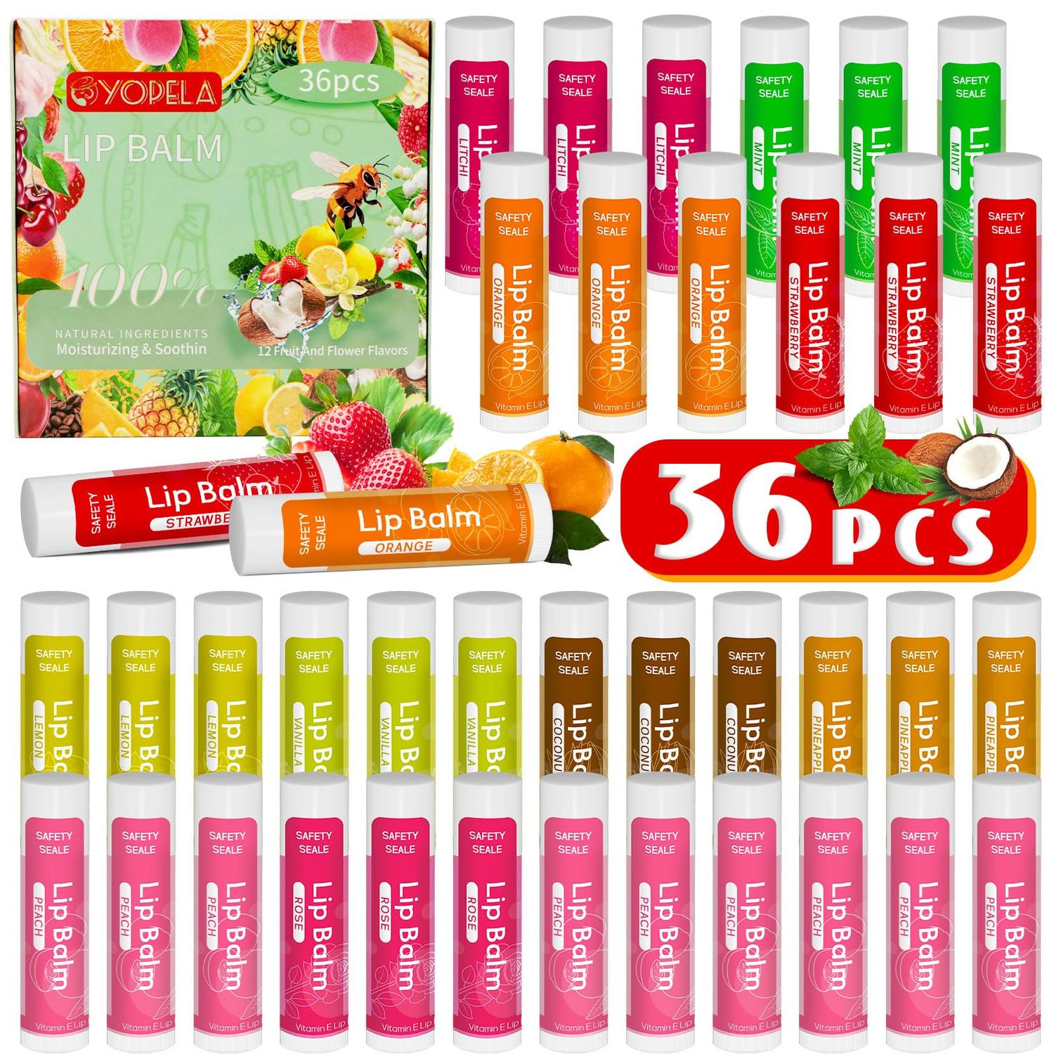 Yopela 36 Pack Natural Lip Balm Bulk with Vitamin E and Coconut Oil - Moisturizing, Soothing, and Repairing Dry and Chapped Lips Valentine&#39;s Gift- 12 Flavors - Non-GMO