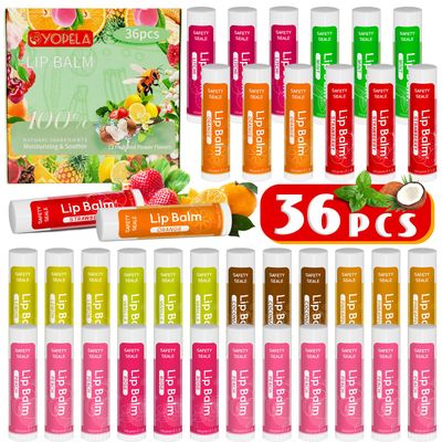 Yopela 36 Pack Natural Lip Balm Bulk with Vitamin E and Coconut Oil - Moisturizing, Soothing, and Repairing Dry and Chapped Lips Valentine&#39;s Gift- 12 Flavors - Non-GMO