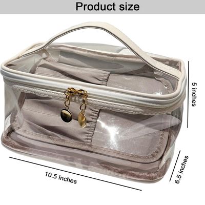 lomkya Clear Makeup Bag Transparent Cosmetic Bag with Handle 2 Zippers Waterproof Makeup Bag Organizer with Brush Compartment Toiletry Bag for Women Travel Skincare