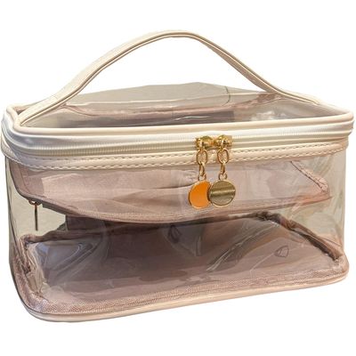 lomkya Clear Makeup Bag Transparent Cosmetic Bag with Handle 2 Zippers Waterproof Makeup Bag Organizer with Brush Compartment Toiletry Bag for Women Travel Skincare