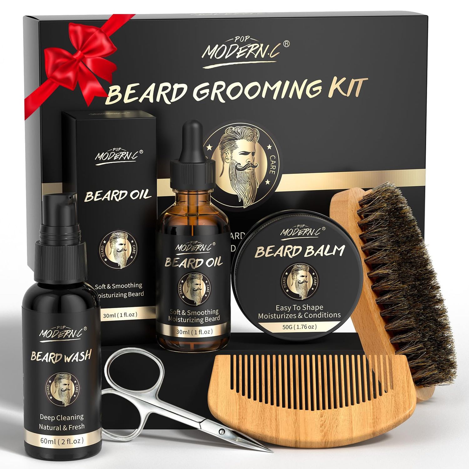 POP MODERN.C Beard Growth and Grooming Set - 6pcs Wash Shampoo, Oil, Balm, Comb, Brush, Scissors - Best Gift for Men