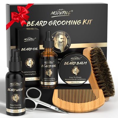 POP MODERN.C Beard Growth and Grooming Set - 6pcs Wash Shampoo, Oil, Balm, Comb, Brush, Scissors - Best Gift for Men
