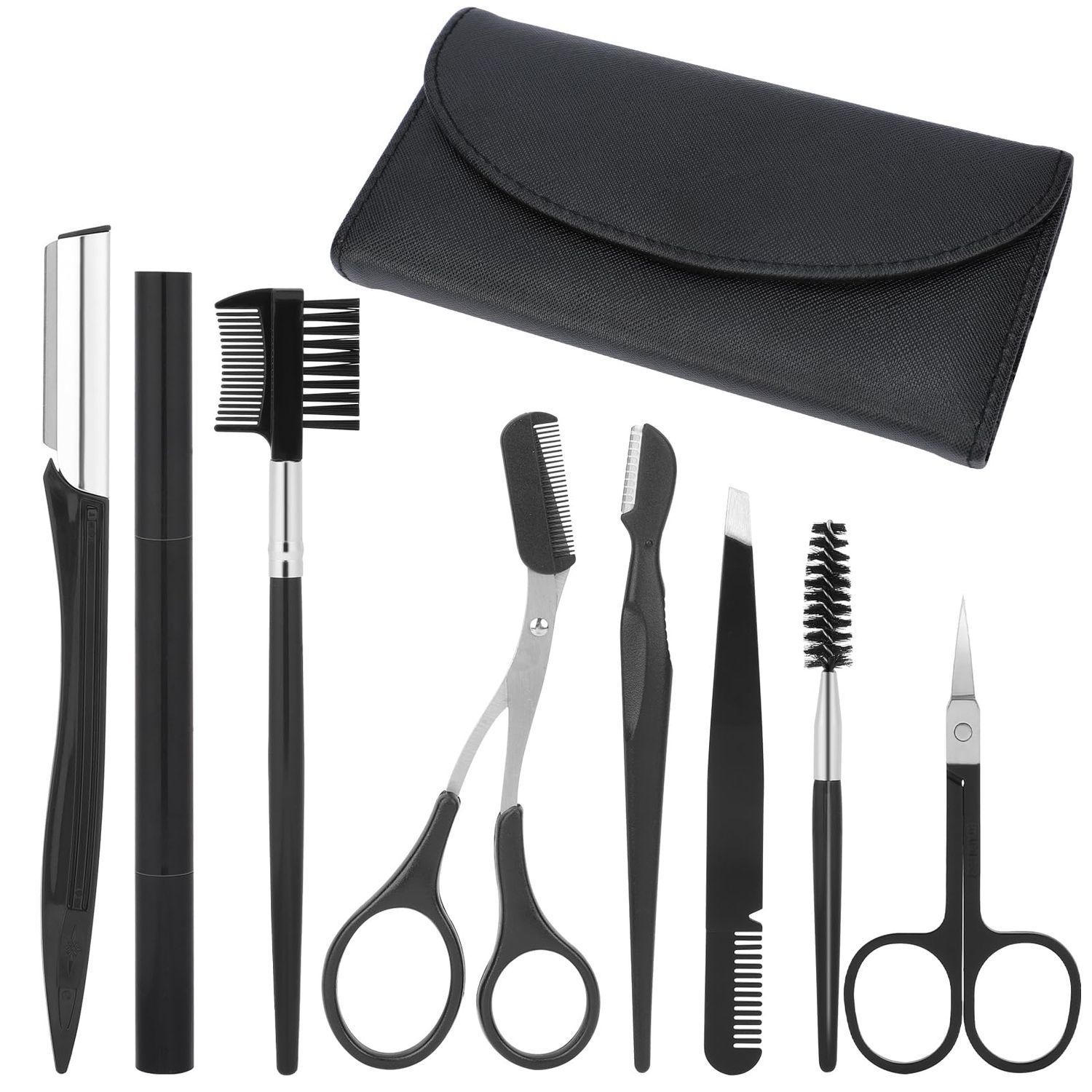 Professional Eyebrow Shaping Grooming Kit,8PCS/SET Eyebrow Grooming Kit with Leather Bag Eyebrow Trimming Kit With Razor Eyebrow Scissors Eyebrow Brush for Women &amp; Men(Black)