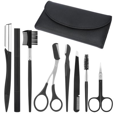 Professional Eyebrow Shaping Grooming Kit,8PCS/SET Eyebrow Grooming Kit with Leather Bag Eyebrow Trimming Kit With Razor Eyebrow Scissors Eyebrow Brush for Women &amp; Men(Black)