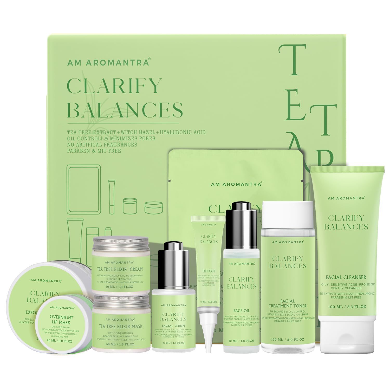 Skin Care Set with Tea Tree, Witch Hazel Extracts, Hyaluronic Acid - Natural Acne Treatment, Pore Minimizer, Hydrating &amp; Soothing-10-Piece Skincare Kit for Women