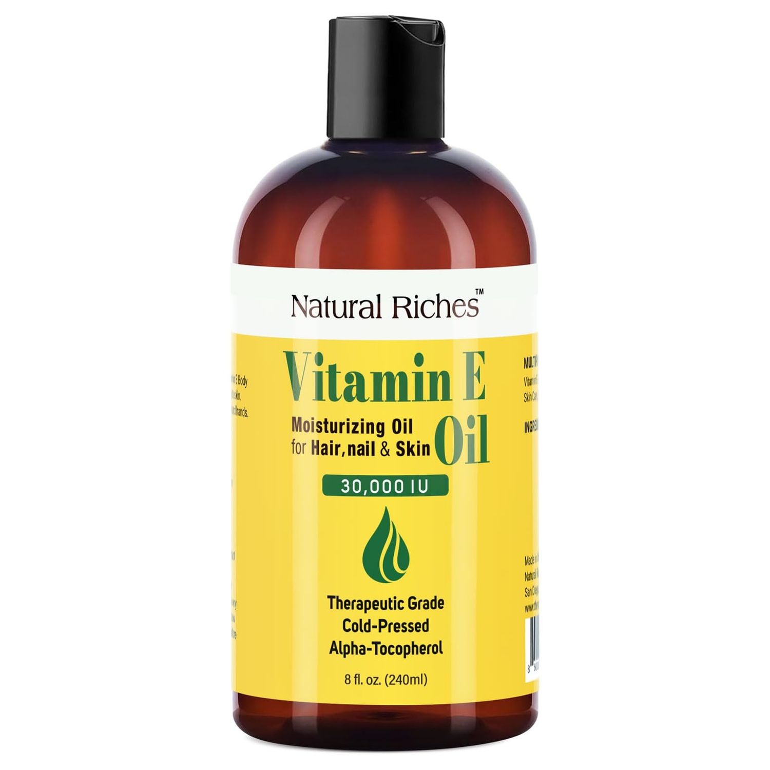 Natural Riches Vitamin E Oil | 100% Pure and Natural Cold Pressed Vitamin E oil for Skin, Scars, Face, Nails, Hair, Scalp 30,000 IU Non-GMO Verified Hair &amp; Body Oil :8 Fl Oz