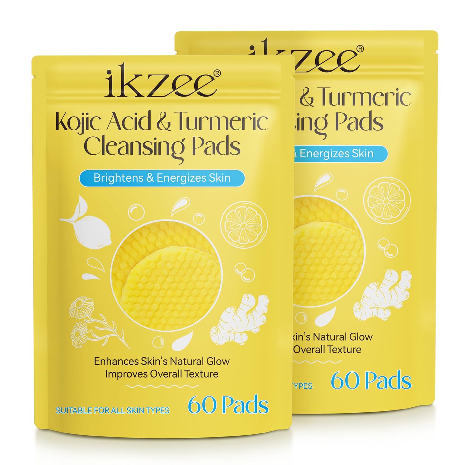 Turmeric Kojic Acid Pads, 60 kojic acid and Turmeric Cleansing Pads, Turmeric Cleansing Pads for Dark Spots, Exfoliating Turmeric Pads Suitable for all Skin Types (1 Count (Pack of 2))