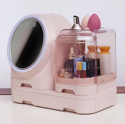 Tidyladyo Makeup Organizer With Mirror:Cosmetic Display Case with LED FAN Drawers,Skincare Storage for Vanity Countertop Bathroom Bedroom