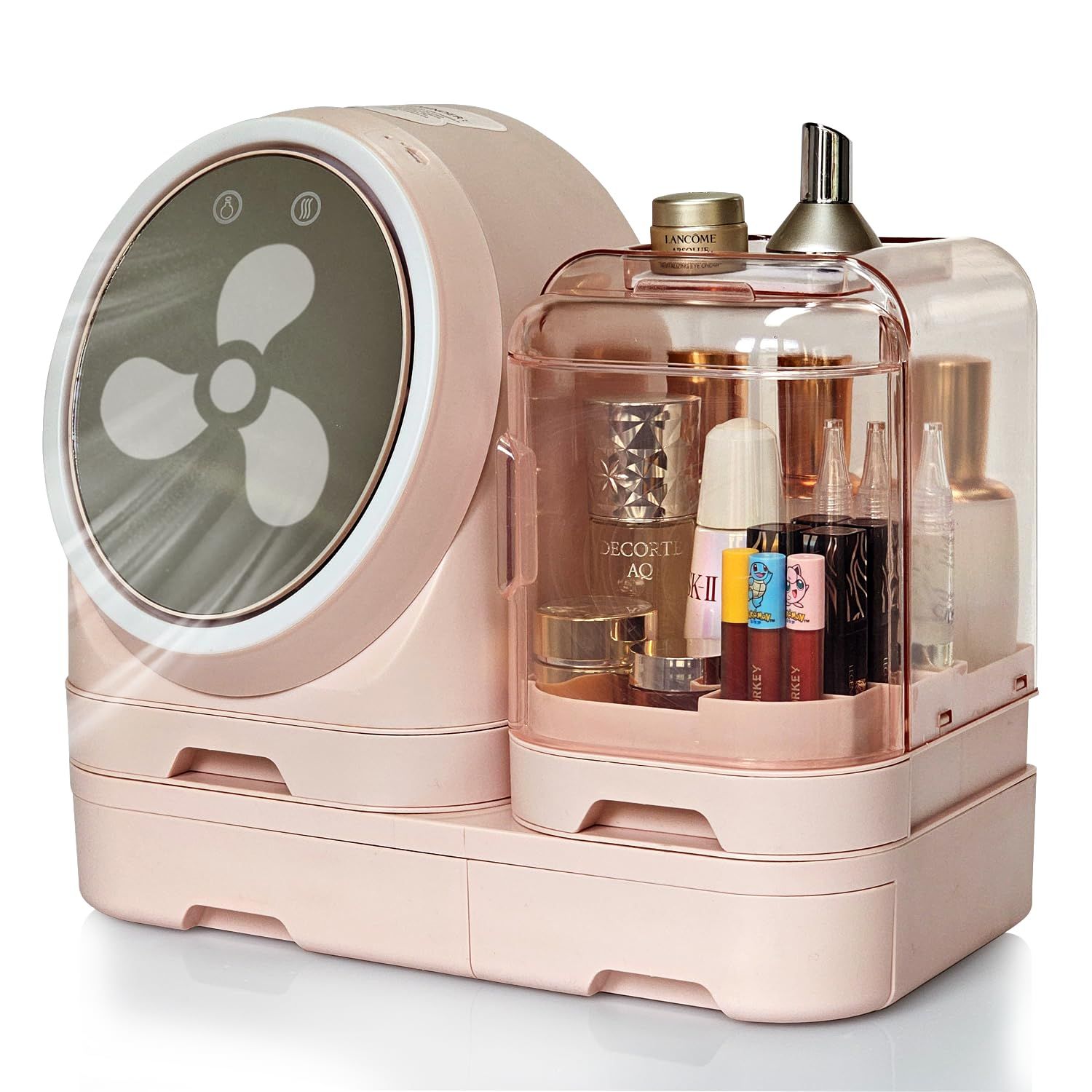 Tidyladyo Makeup Organizer With Mirror:Cosmetic Display Case with LED FAN Drawers,Skincare Storage for Vanity Countertop Bathroom Bedroom