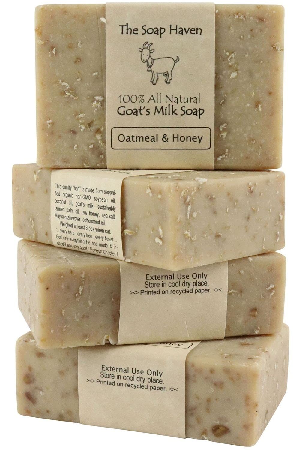 Oatmeal Soap - 4 Oatmeal &amp; Honey Goat Milk Soap Bars. All Natural, Unscented Soap, SLS Free, NO Parabens, Handmade in USA.